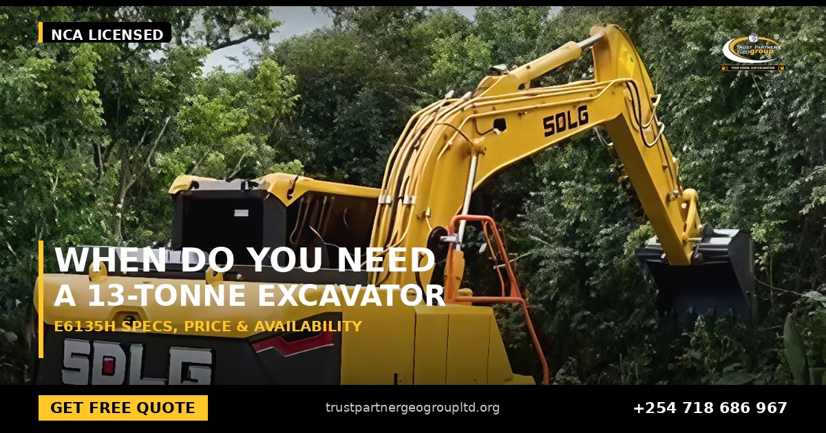OG cover poster for the SDLG E6135H excavator specs, price and availability guide from Trust Partners Geo-Group Ltd, Authorized SDLG Dealer Kenya, with the Trust Partners Geo-Group logo, website and phone +254 718 686 967