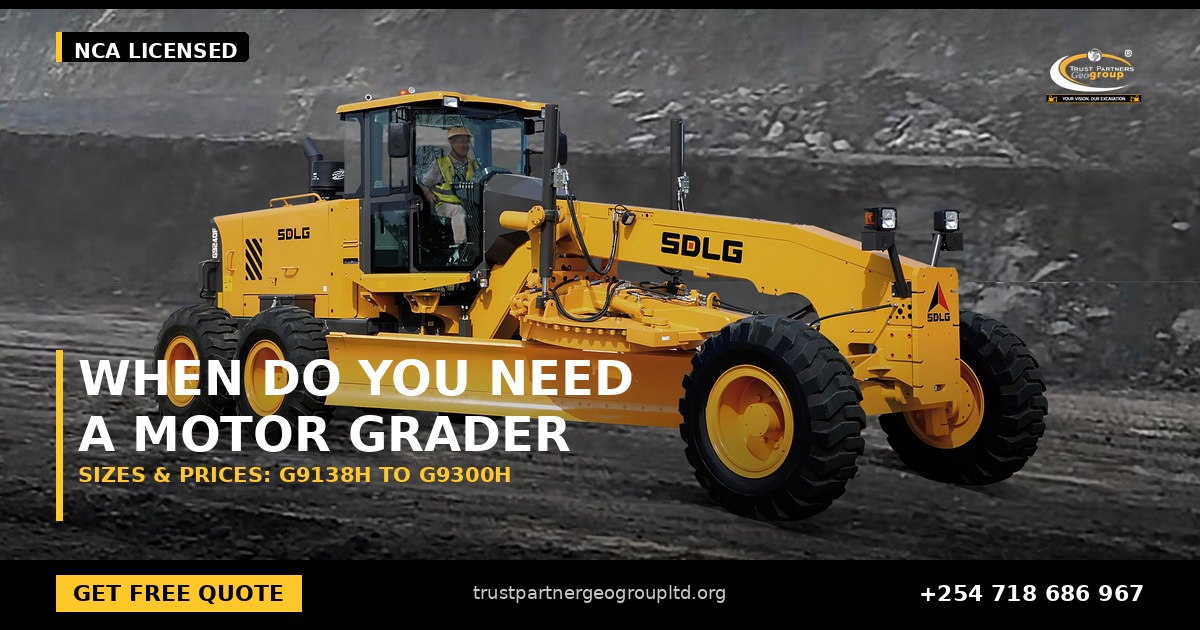 OG cover poster for the SDLG motor grader sizes and prices guide covering the G9138H to G9300H range from Trust Partners Geo-Group Ltd, Authorized SDLG Dealer Kenya, with the Trust Partners Geo-Group logo, website and phone +254 718 686 967