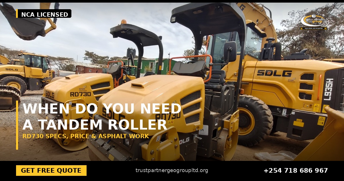 OG cover poster for the SDLG RD730 tandem roller specs, price and asphalt applications guide from Trust Partners Geo-Group Ltd, Authorized SDLG Dealer Kenya, with the Trust Partners Geo-Group logo, website and phone +254 718 686 967