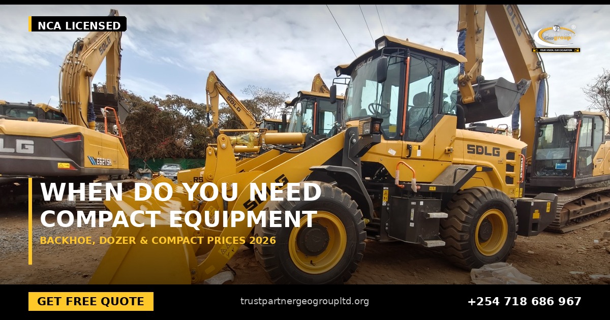 OG cover poster for the SDLG backhoe, dozer and compact equipment prices guide covering the B877F, D18H, TV1100H and STR1000H range from Trust Partners Geo-Group Ltd, Authorized SDLG Dealer Kenya, with the Trust Partners Geo-Group logo, website and phone +254 718 686 967