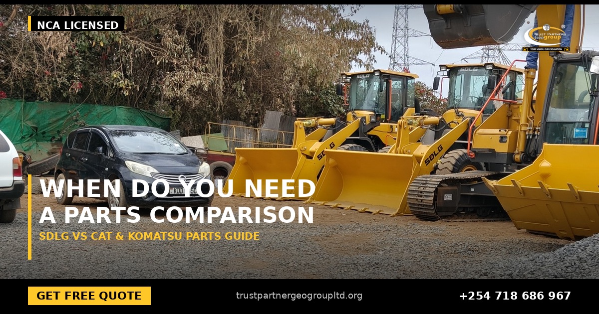 OG cover poster for the SDLG vs CAT and Komatsu parts costs comparison guide from Trust Partners Geo-Group Ltd, Authorized SDLG Dealer Kenya, with the Trust Partners Geo-Group logo, website and phone +254 718 686 967