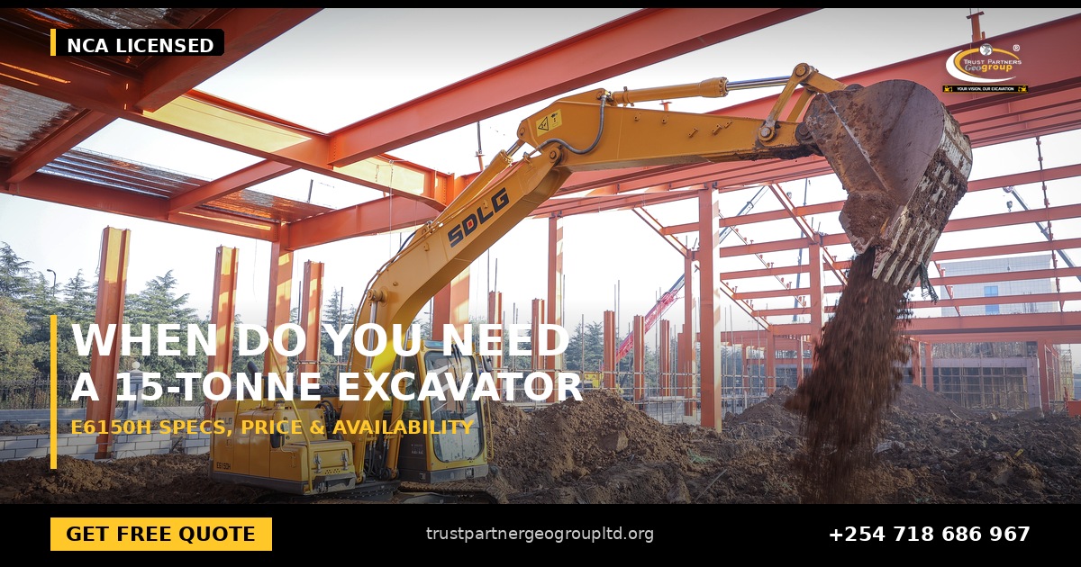 OG cover poster for the SDLG E6150H excavator specs, price and availability guide from Trust Partners Geo-Group Ltd, Authorized SDLG Dealer Kenya, with the Trust Partners Geo-Group logo, website and phone +254 718 686 967