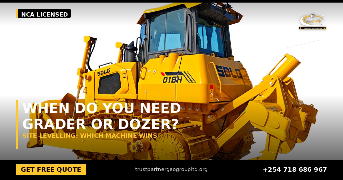 OG cover poster for the SDLG motor grader versus D18H dozer site levelling comparison from Trust Partners Geo-Group Ltd, Authorized SDLG Dealer Kenya, with the Trust Partners Geo-Group logo, website and phone +254 718 686 967