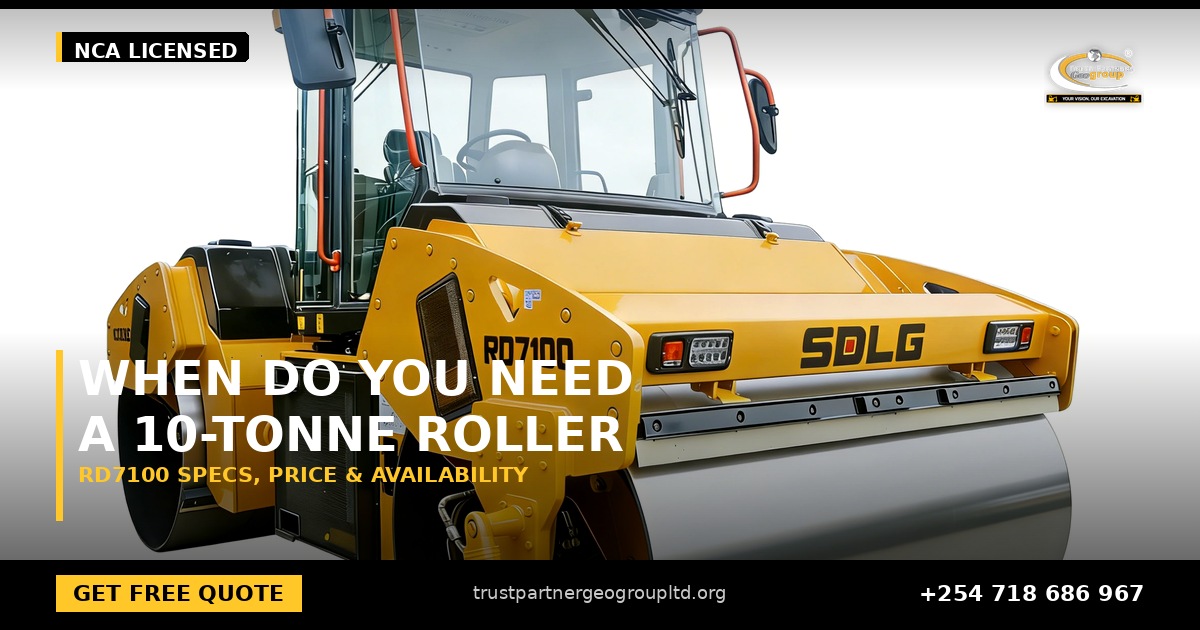 OG cover poster for the SDLG RD7100 10-tonne tandem roller specs, price and availability guide from Trust Partners Geo-Group Ltd, Authorized SDLG Dealer Kenya, with the Trust Partners Geo-Group logo, website and phone +254 718 686 967