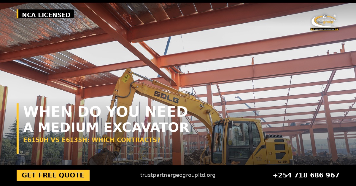 OG cover poster for the SDLG E6150H versus E6135H medium excavator comparison from Trust Partners Geo-Group Ltd, Authorized SDLG Dealer Kenya, with the Trust Partners Geo-Group logo, website and phone +254 718 686 967