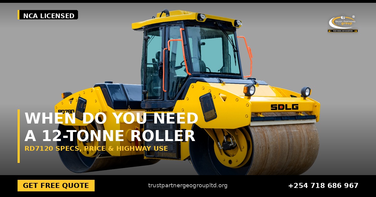 OG cover poster for the SDLG RD7120 12-tonne tandem roller specs, price and highway use guide from Trust Partners Geo-Group Ltd, Authorized SDLG Dealer Kenya, with the Trust Partners Geo-Group logo, website and phone +254 718 686 967