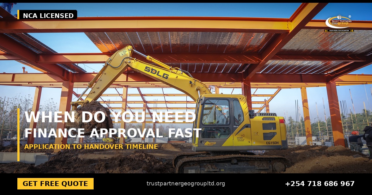 OG cover poster for the SDLG finance application to machine handover timeline guide from Trust Partners Geo-Group Ltd, Authorized SDLG Dealer Kenya, with the Trust Partners Geo-Group logo, website and phone +254 718 686 967