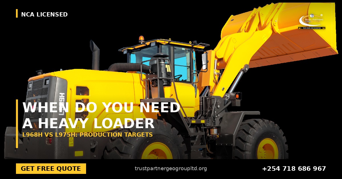 OG cover poster for the SDLG L968H versus L975H heavy loader comparison from Trust Partners Geo-Group Ltd, Authorized SDLG Dealer Kenya, with the Trust Partners Geo-Group logo, website and phone +254 718 686 967