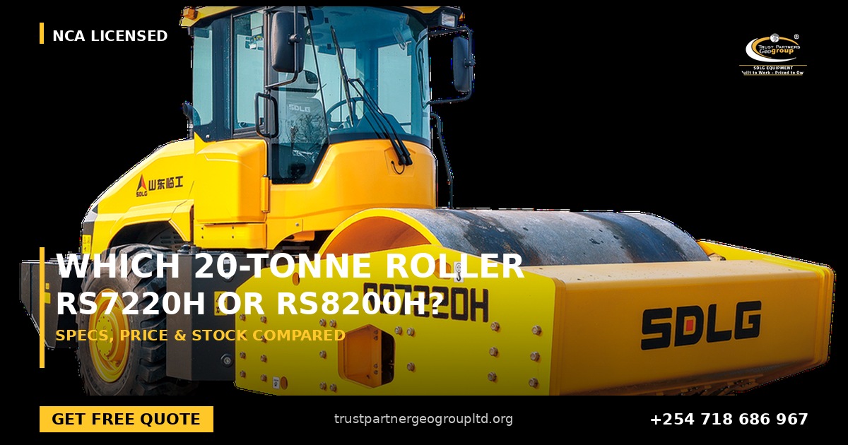 OG cover poster for the SDLG RS7220H versus RS8200H 20-tonne-class compactor comparison from Trust Partners Geo-Group Ltd, Authorized SDLG Dealer Kenya, with the Trust Partners Geo-Group logo, website and phone +254 718 686 967