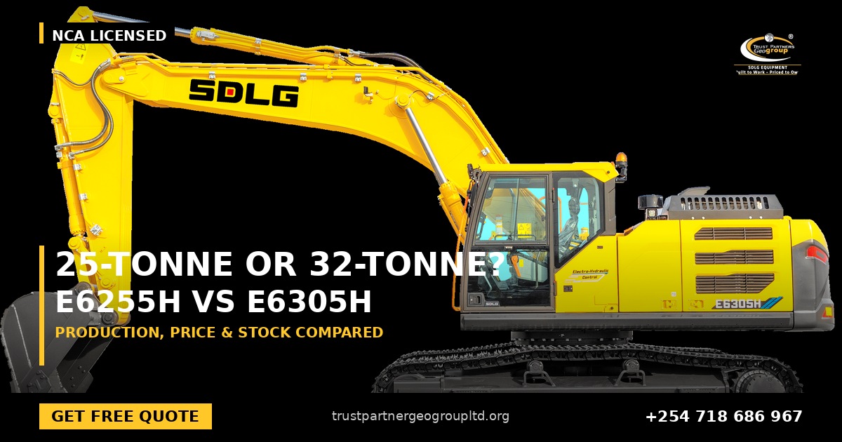 OG cover poster for the SDLG E6255H versus E6305H production-class comparison from Trust Partners Geo-Group Ltd, Authorized SDLG Dealer Kenya, with the Trust Partners Geo-Group logo, website and phone +254 718 686 967