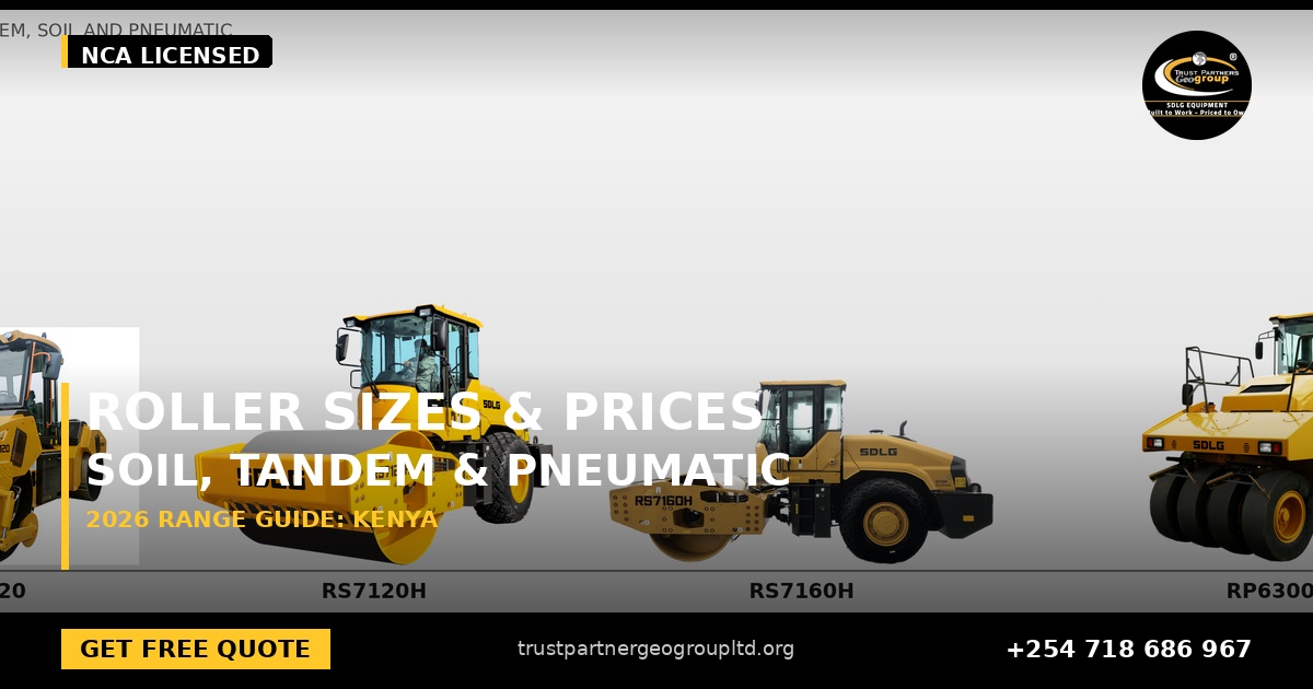 OG cover poster for the SDLG roller sizes and prices guide covering soil, tandem and pneumatic models from Trust Partners Geo-Group Ltd, Authorized SDLG Dealer Kenya, with the Trust Partners Geo-Group logo, website and phone +254 718 686 967