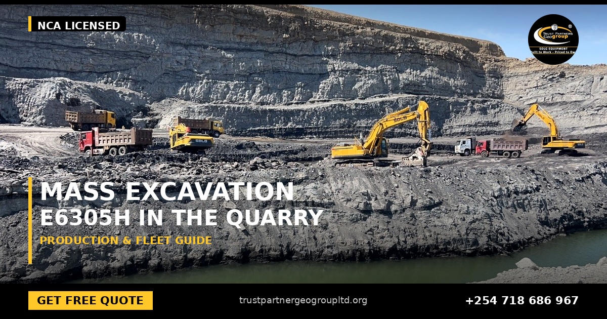OG cover poster for the SDLG E6305H mass excavation and quarry loading guide from Trust Partners Geo-Group Ltd, Authorized SDLG Dealer Kenya, with the Trust Partners Geo-Group logo, website and phone +254 718 686 967