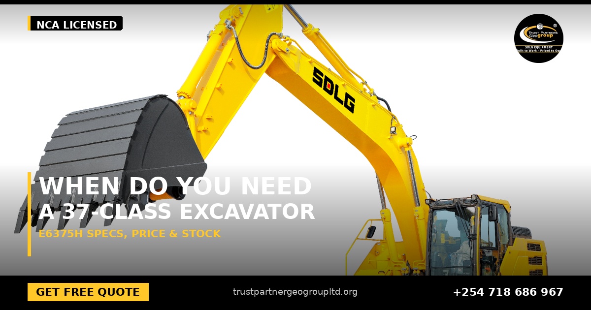 OG cover poster for the how to finance an SDLG excavator guide covering cash flow and repayment examples in Kenya from Trust Partners Geo-Group Ltd, Authorized SDLG Dealer Kenya, with the Trust Partners Geo-Group logo, website and phone +254 718 686 967