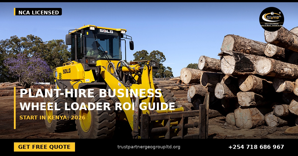 OG cover poster for the starting a wheel loader plant-hire business guide covering machine selection and ROI worksheets in Kenya from Trust Partners Geo-Group Ltd, Authorized SDLG Dealer Kenya, with the Trust Partners Geo-Group logo, website and phone +254 718 686 967