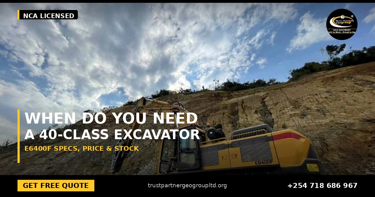 OG cover poster for the SDLG E6400F excavator specs, price and mining applications guide from Trust Partners Geo-Group Ltd, Authorized SDLG Dealer Kenya, with the Trust Partners Geo-Group logo, website and phone +254 718 686 967