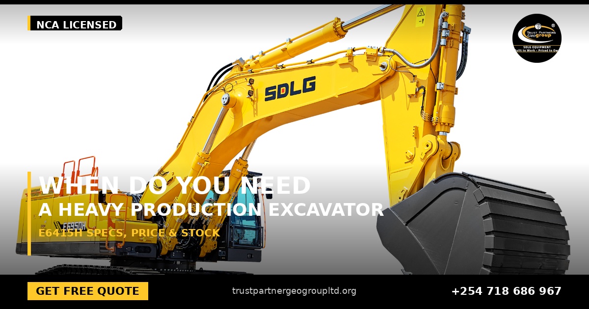 OG cover poster for the SDLG E6415H excavator specs, price and stock guide from Trust Partners Geo-Group Ltd, Authorized SDLG Dealer Kenya, with the Trust Partners Geo-Group logo, website and phone +254 718 686 967
