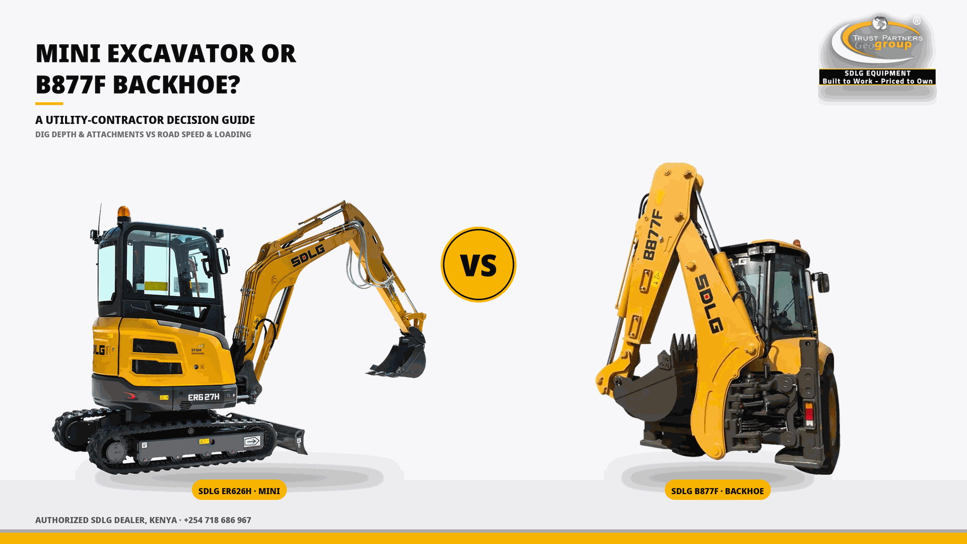 OG cover poster for the SDLG Mini Excavator or B877F Backhoe Loader decision guide, showing an ER626H mini excavator on the left facing an SDLG B877F backhoe loader on the right with a gold VS lockup between them, Trust Partners Geo-Group Ltd, Authorized SDLG Dealer Kenya