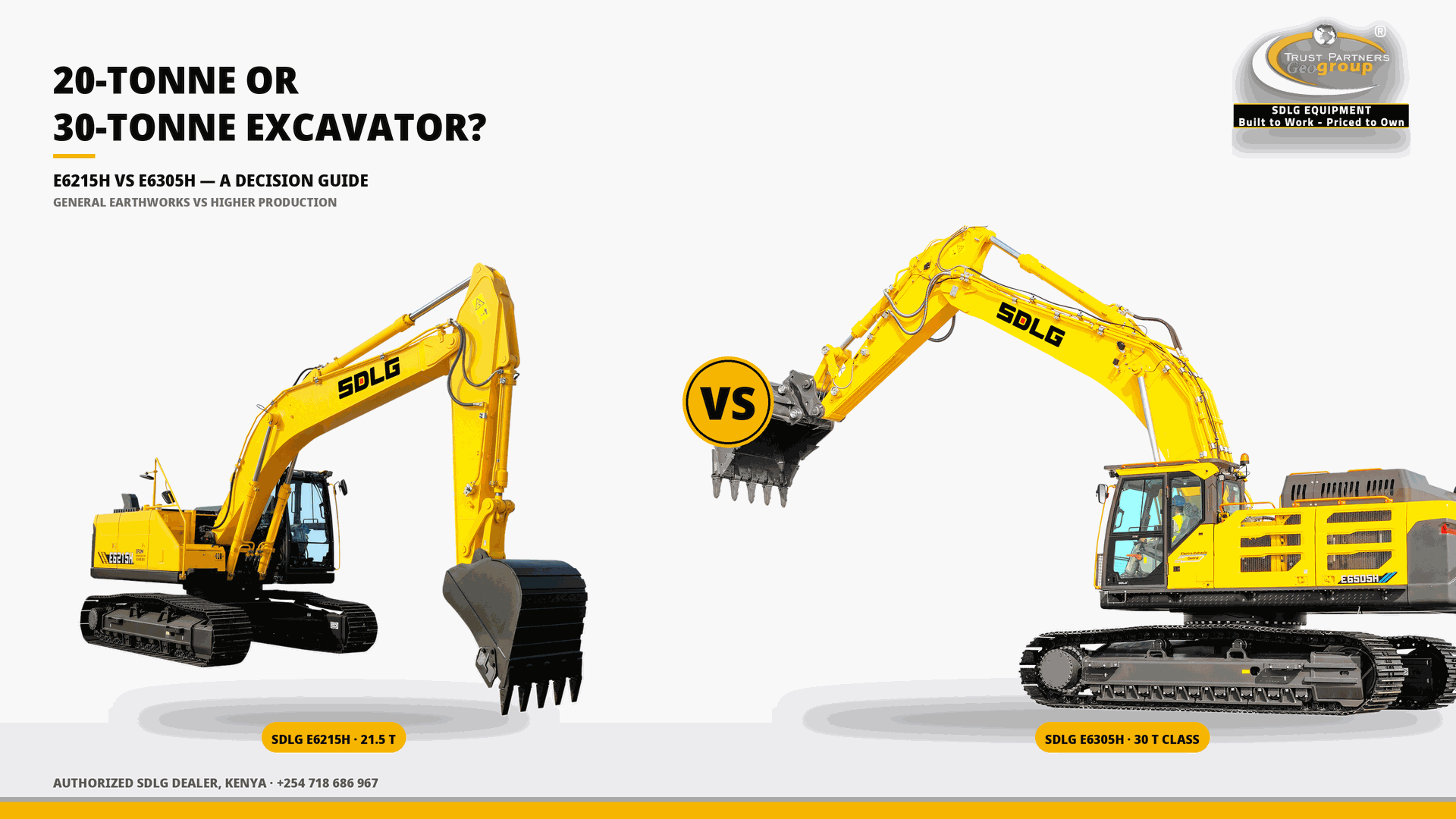 OG cover poster for the SDLG E6215H vs E6305H decision guide — choosing a 20-tonne or 30-tonne excavator in Kenya — showing an SDLG E6215H facing an SDLG E6305H across a yellow VS badge, Trust Partners Geo-Group Ltd branding, Authorized SDLG Dealer Kenya