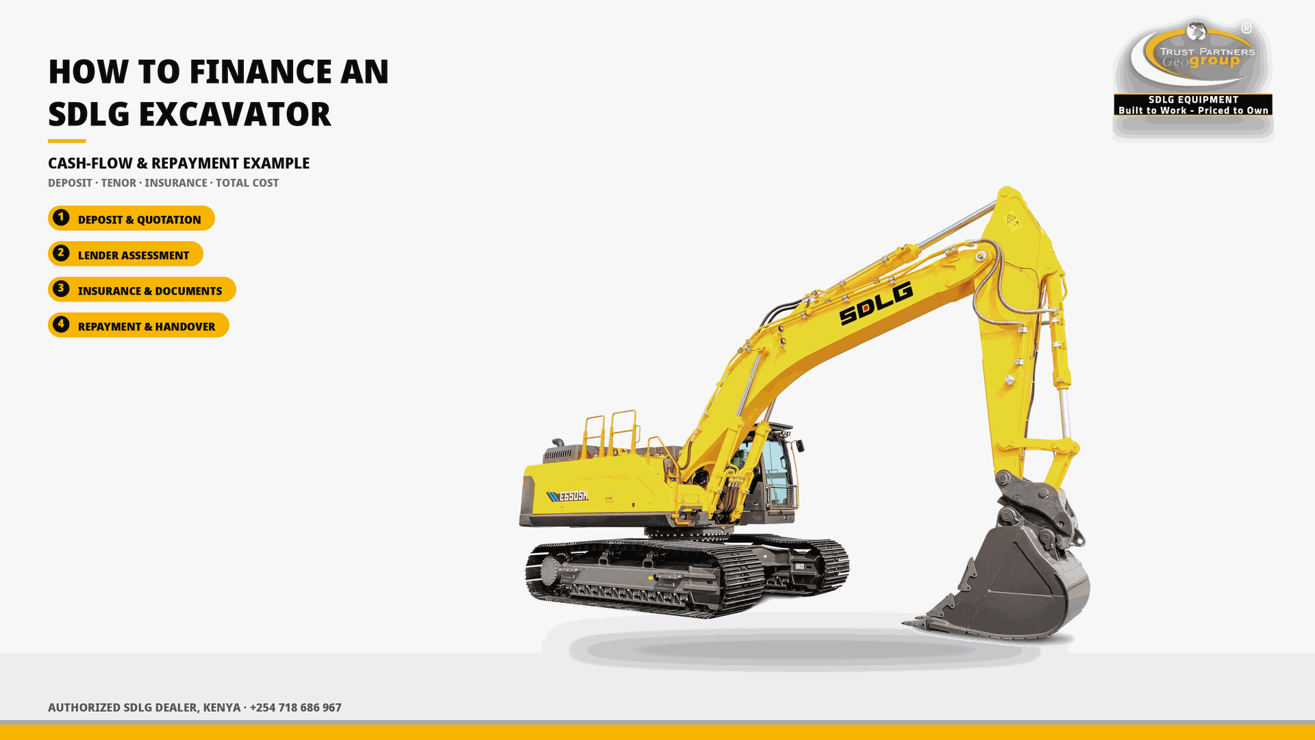 OG cover poster for the How to Finance an SDLG Excavator in Kenya guide — cash-flow and repayment example — with Trust Partners Geo-Group Ltd branding, Authorized SDLG Dealer Kenya, phone +254 718 686 967
