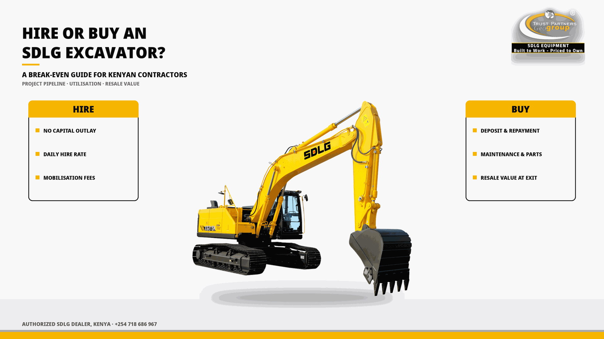 OG cover poster for the Hire or Buy an SDLG Excavator break-even guide for Kenyan contractors, with Trust Partners Geo-Group Ltd branding, Authorized SDLG Dealer Kenya, phone +254 718 686 967