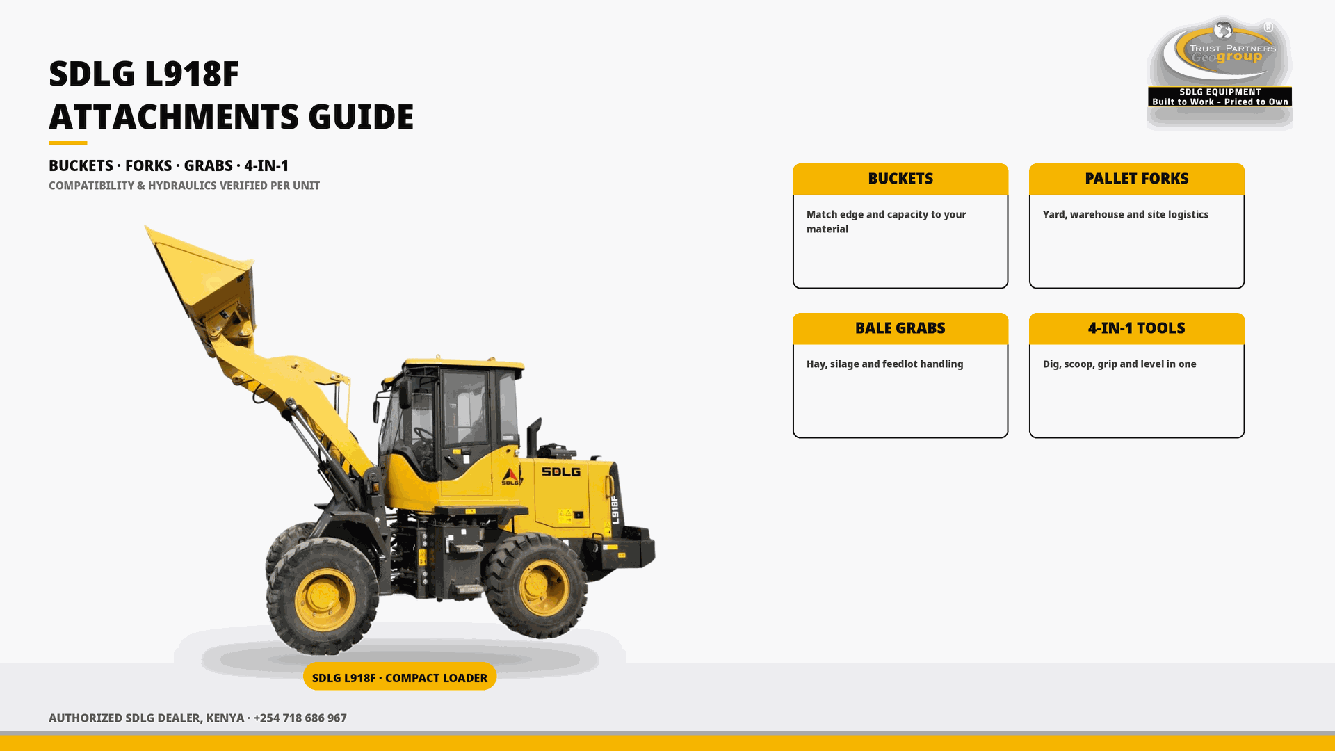 OG cover poster for the SDLG L918F Attachments Guide covering buckets, pallet forks, bale grabs and 4-in-1 tools, Trust Partners Geo-Group Ltd branding, Authorized SDLG Dealer Kenya, phone +254 718 686 967