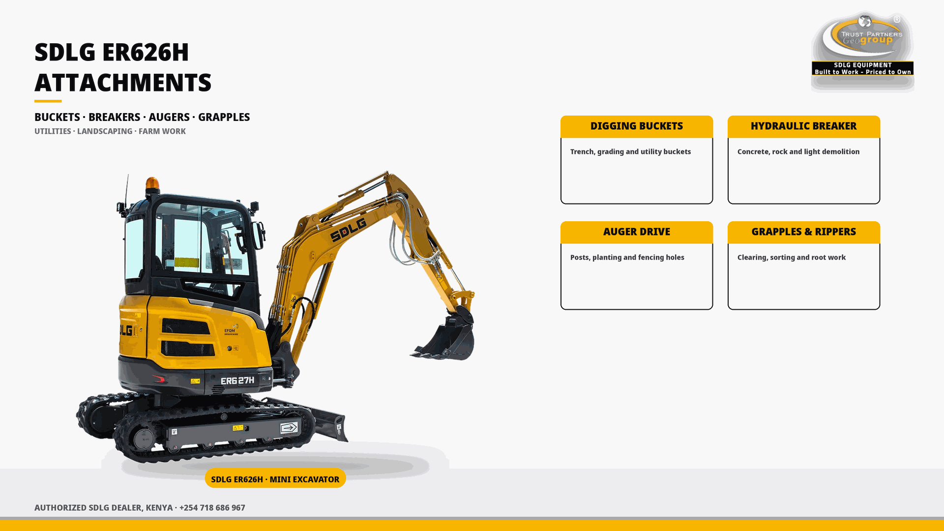 OG cover poster for the SDLG ER626H Attachments for Utilities, Landscaping and Farm Work guide, with Trust Partners Geo-Group Ltd branding, Authorized SDLG Dealer Kenya