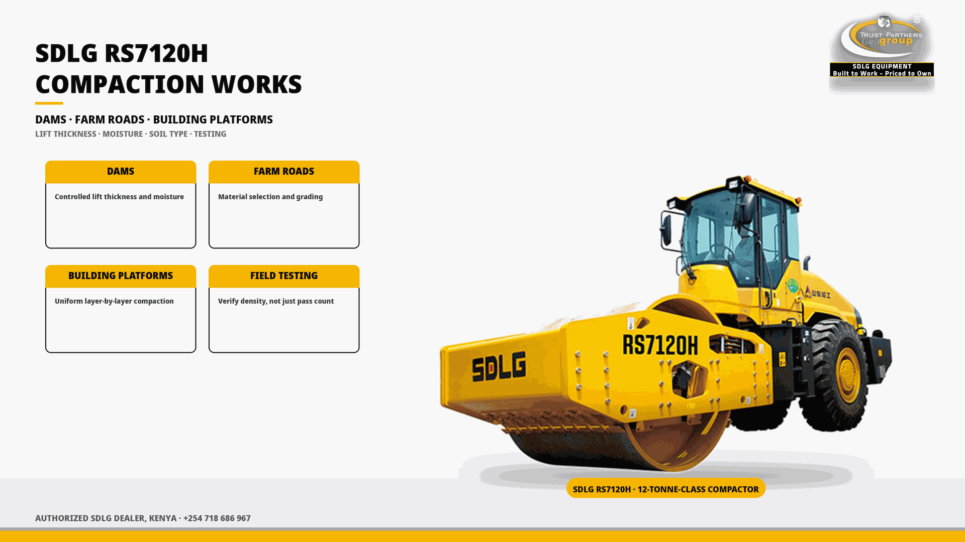 OG cover poster for the SDLG RS7120H for Dams, Farm Roads and Building Platforms guide, with Trust Partners Geo-Group Ltd branding, Authorized SDLG Dealer Kenya