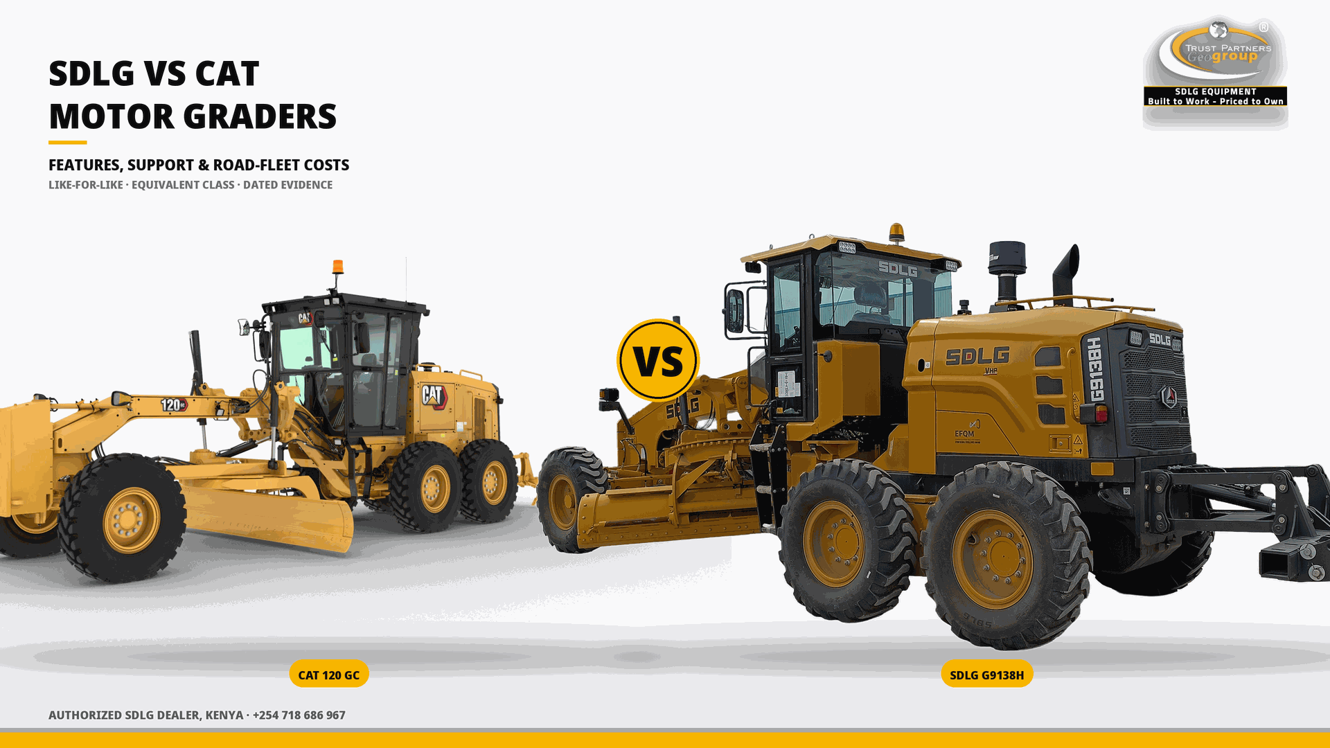 OG cover poster for the SDLG vs CAT Motor Graders in Kenya comparison guide — features, support and road-fleet costs — with Trust Partners Geo-Group Ltd branding, Authorized SDLG Dealer Kenya