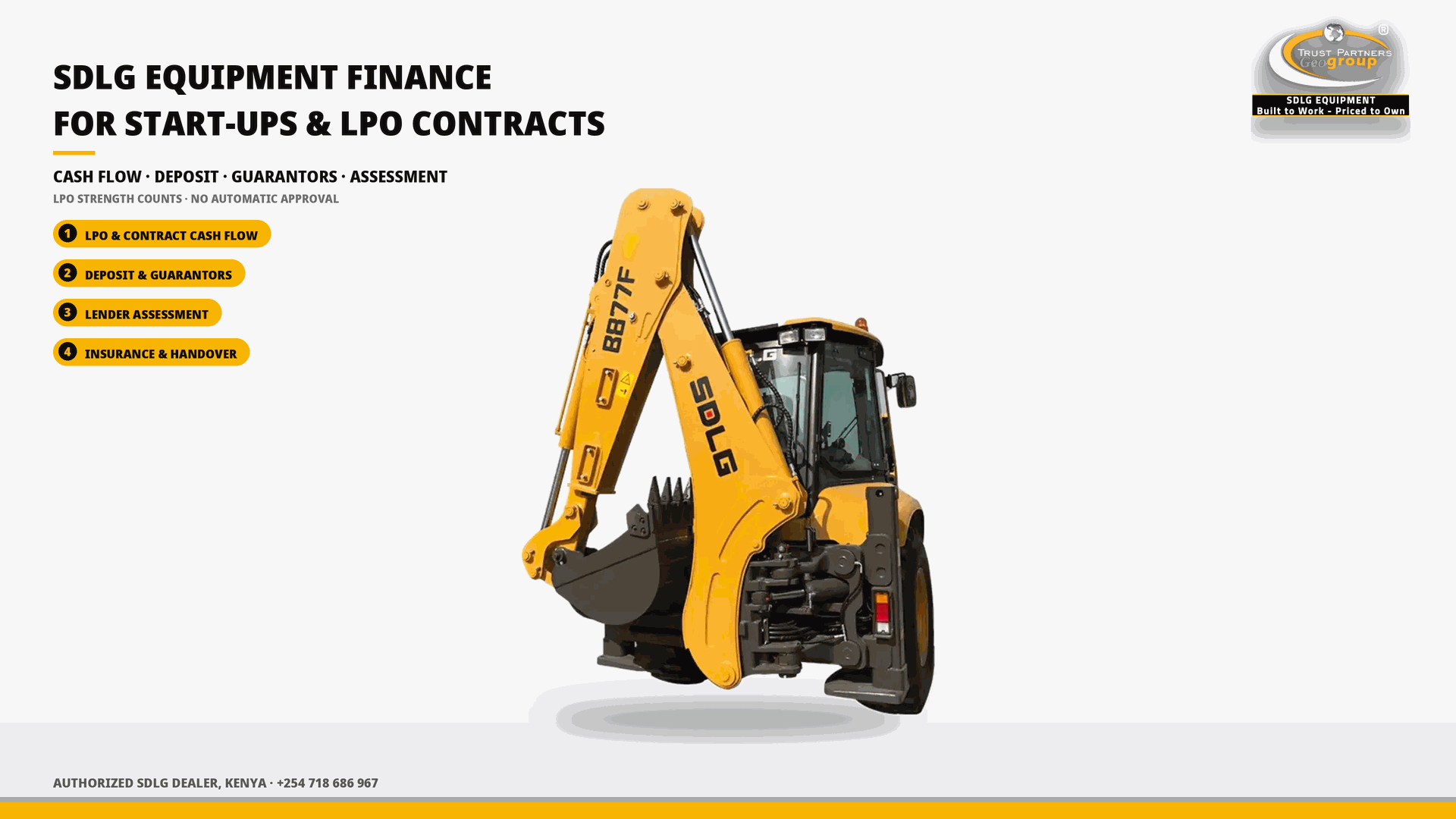 OG cover poster for the Financing SDLG Equipment for a Start-Up or LPO-Backed Contract in Kenya guide, with Trust Partners Geo-Group Ltd branding, Authorized SDLG Dealer Kenya, phone +254 718 686 967