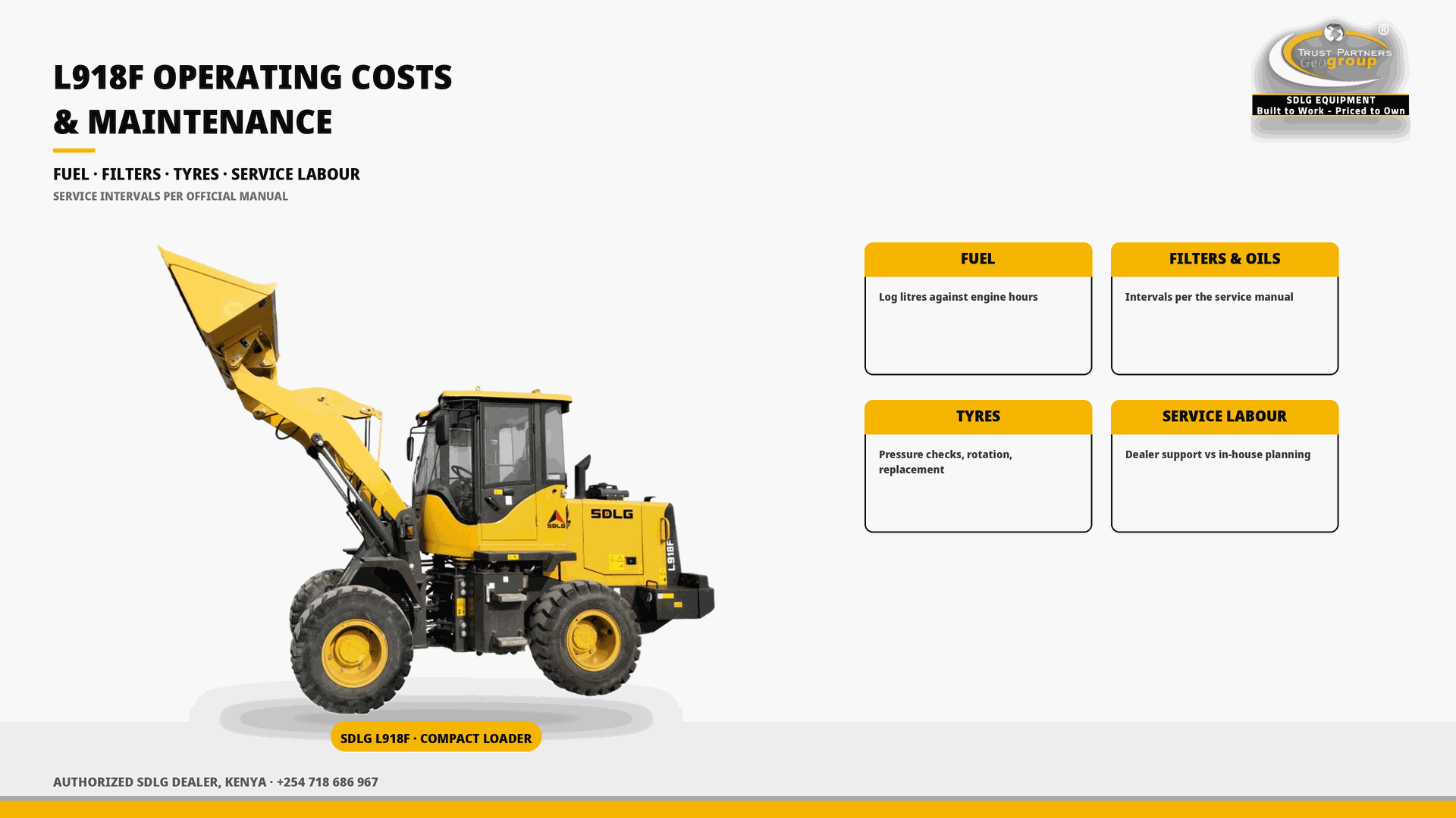 OG cover poster for the SDLG L918F Operating Costs and Maintenance Schedule for Kenyan Owners guide, with Trust Partners Geo-Group Ltd branding, Authorized SDLG Dealer Kenya