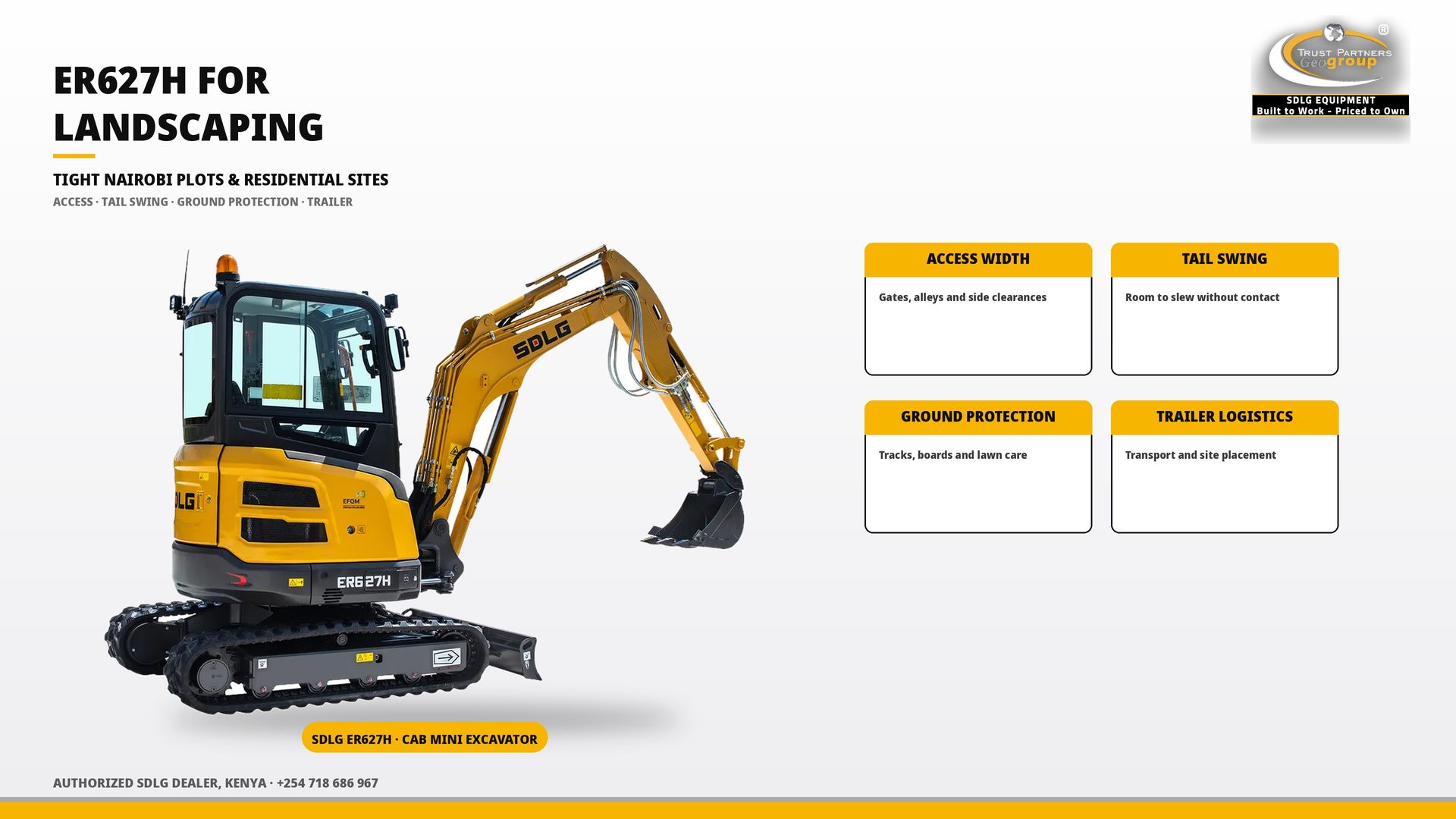 OG cover poster for the SDLG ER627H for Landscaping and Tight Nairobi Plots guide, with Trust Partners Geo-Group Ltd branding, Authorized SDLG Dealer Kenya