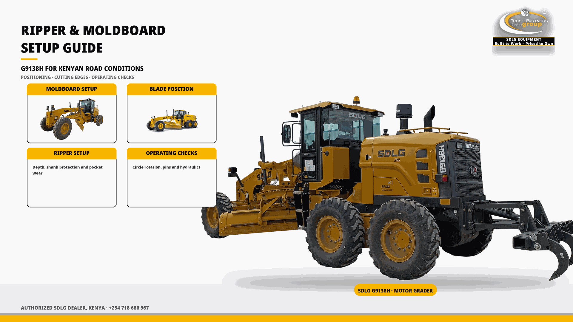 OG cover poster for the SDLG G9138H Ripper and Moldboard Setup for Kenyan Road Conditions guide, with Trust Partners Geo-Group Ltd branding, Authorized SDLG Dealer Kenya