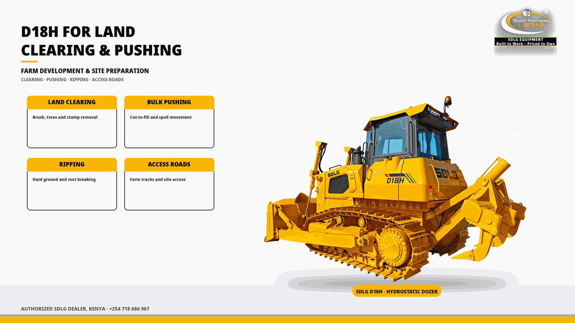 OG cover poster for the SDLG D18H for Land Clearing, Bulk Push and Farm Development guide, with Trust Partners Geo-Group Ltd branding, Authorized SDLG Dealer Kenya