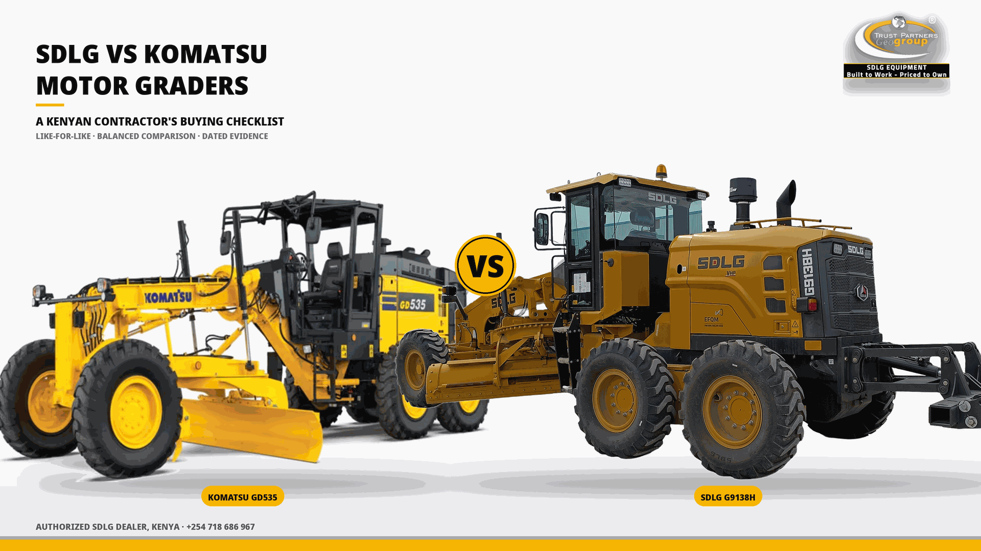 OG cover poster for the SDLG vs Komatsu Motor Graders buying checklist guide, with Trust Partners Geo-Group Ltd branding, Authorized SDLG Dealer Kenya
