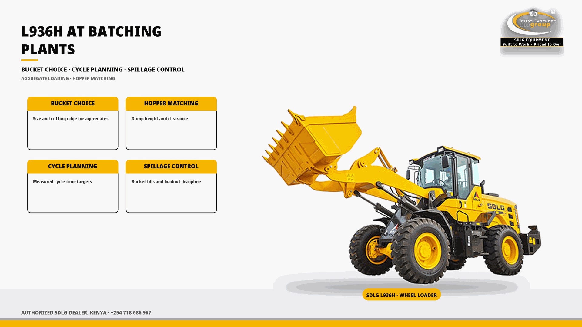 OG cover poster for the SDLG L936H for Batching Plants guide — bucket choice, cycle planning and spillage control — with Trust Partners Geo-Group Ltd branding, Authorized SDLG Dealer Kenya