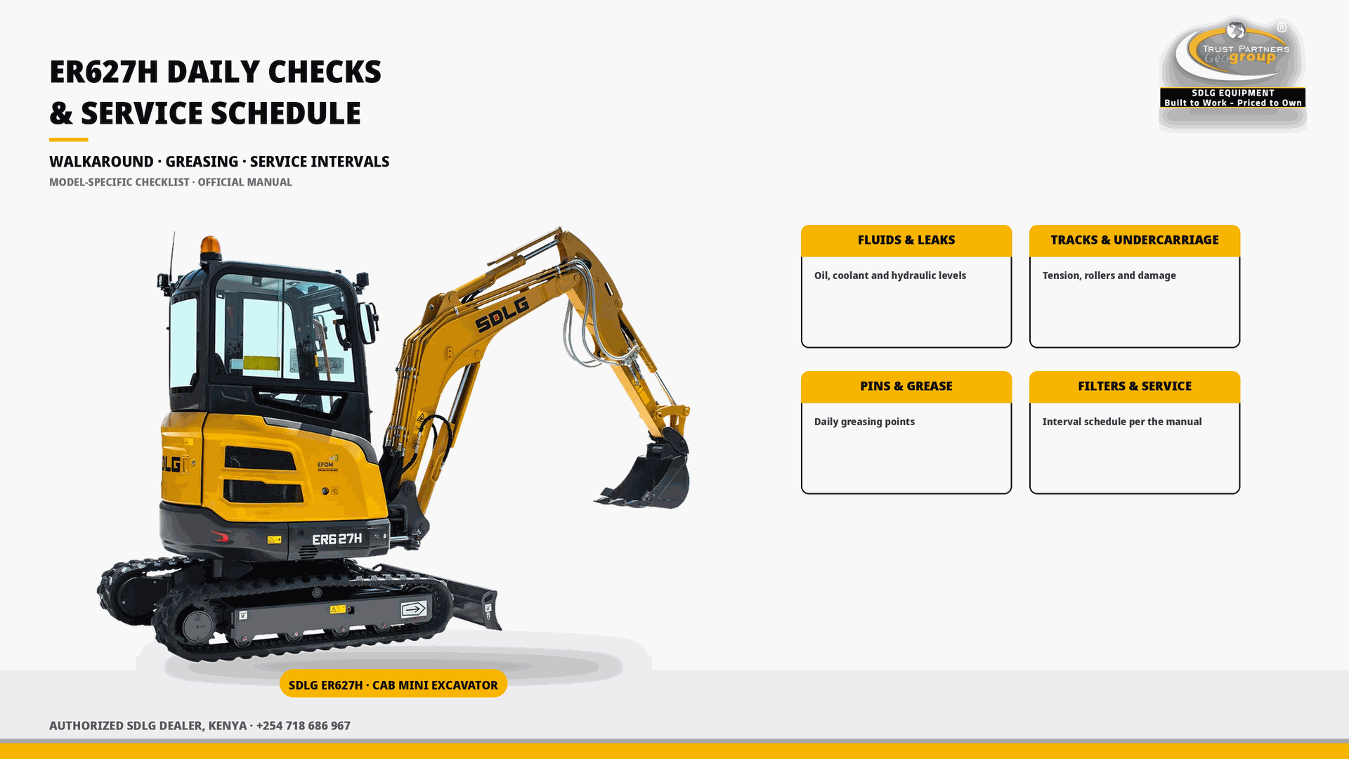 OG cover poster for the SDLG ER627H Daily Checks and Mini-Excavator Service Schedule guide, with Trust Partners Geo-Group Ltd branding, Authorized SDLG Dealer Kenya