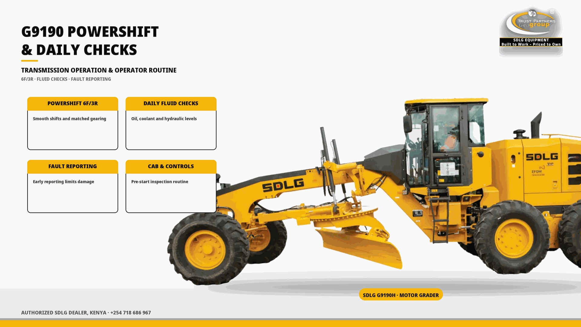 OG cover poster for the SDLG G9190 Powershift Transmission and Daily Operator Checks guide, with Trust Partners Geo-Group Ltd branding, Authorized SDLG Dealer Kenya