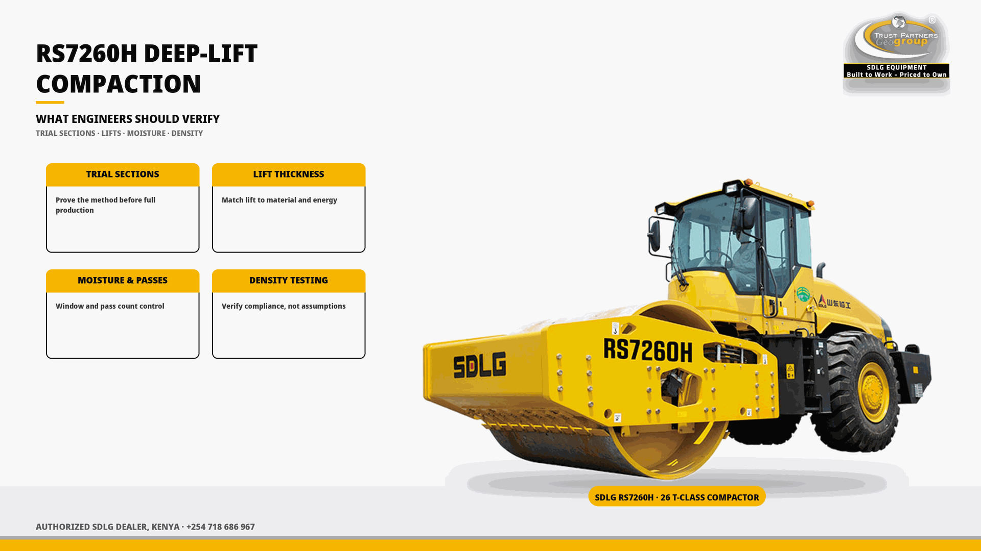 OG cover poster for the SDLG RS7260H for Deep-Lift Compaction guide — what engineers should verify — with Trust Partners Geo-Group Ltd branding, Authorized SDLG Dealer Kenya