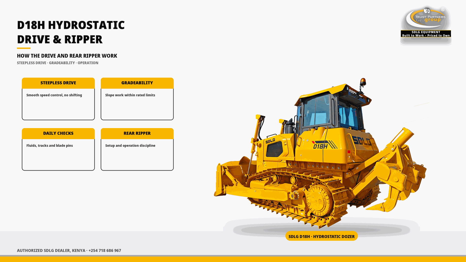 OG cover poster for the SDLG D18H Hydrostatic Drive and Rear-Ripper Operation Explained guide, with Trust Partners Geo-Group Ltd branding, Authorized SDLG Dealer Kenya
