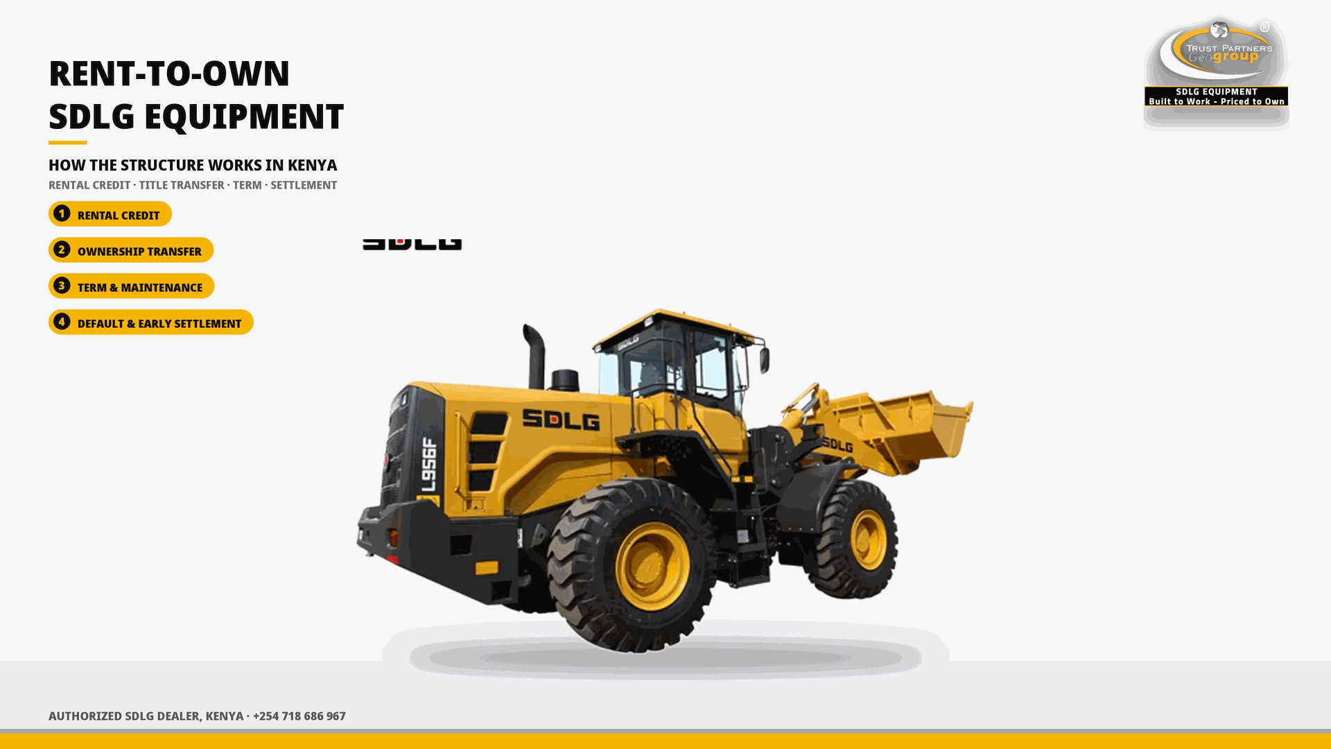 OG cover poster for the SDLG Rent-to-Own Equipment in Kenya guide, with Trust Partners Geo-Group Ltd branding, Authorized SDLG Dealer Kenya, phone +254 718 686 967