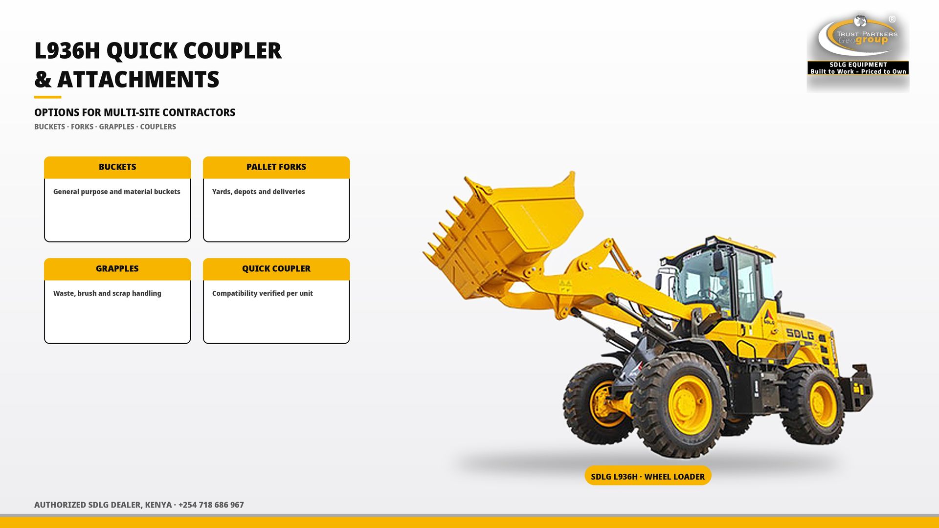 OG cover poster for the SDLG L936H Quick Coupler and Attachment Options for Multi-Site Contractors guide, with Trust Partners Geo-Group Ltd branding, Authorized SDLG Dealer Kenya