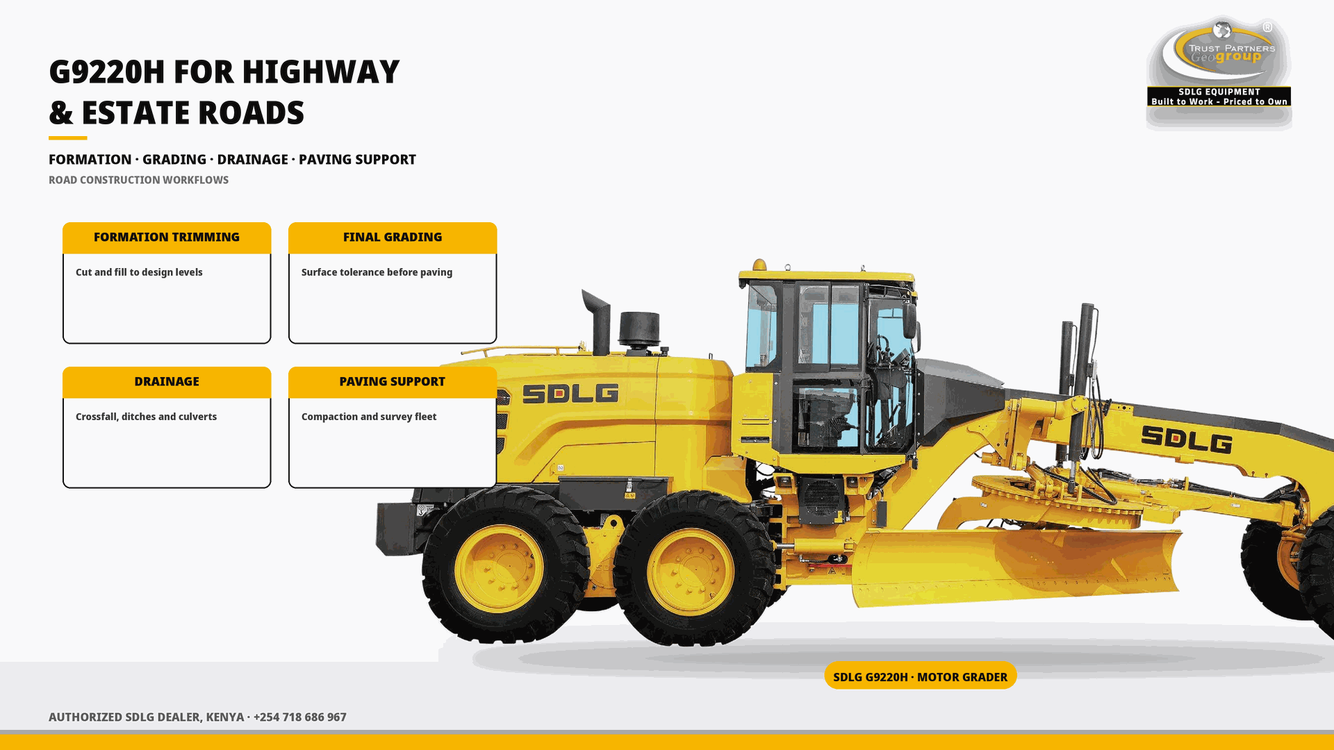 OG cover poster for the SDLG G9220H for Highway and Large Estate Road Construction guide, with Trust Partners Geo-Group Ltd branding, Authorized SDLG Dealer Kenya