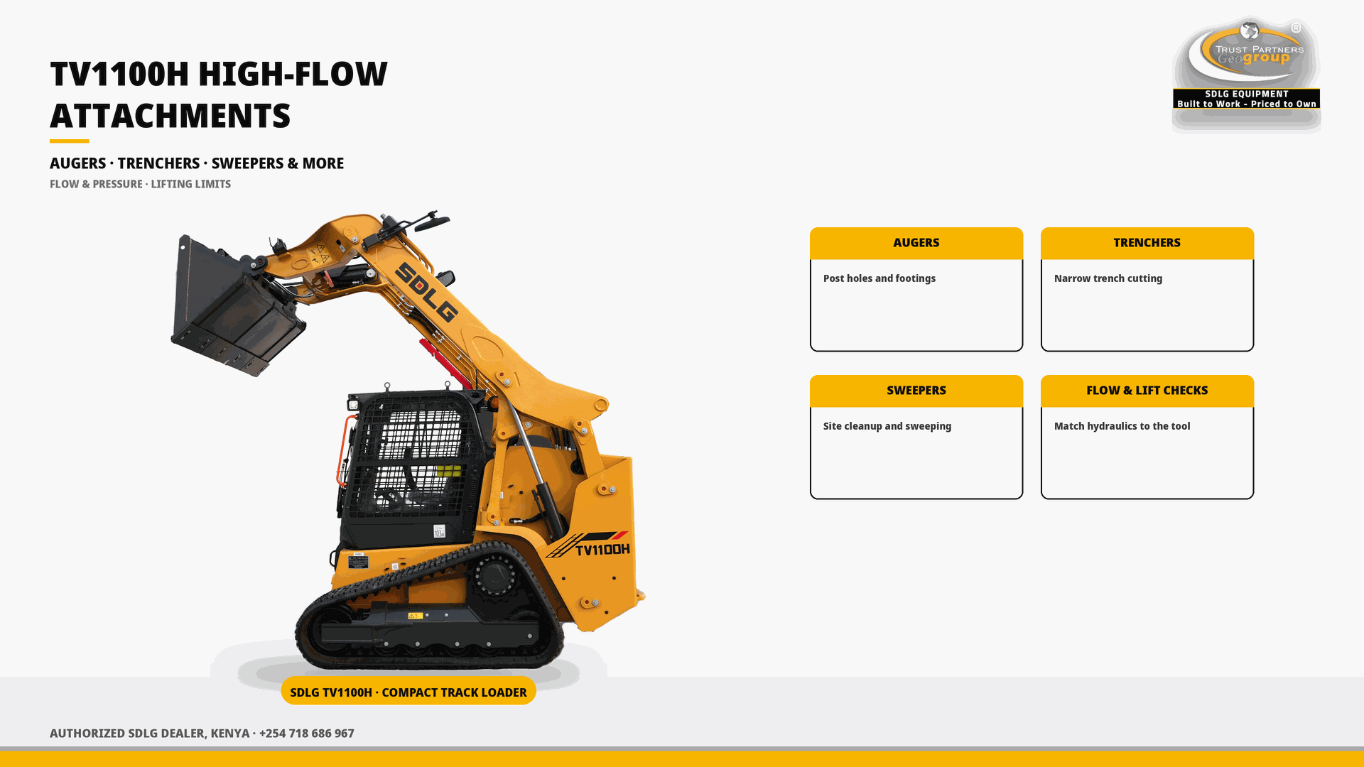 OG cover poster for the SDLG TV1100H High-Flow Attachments guide covering augers, trenchers and sweepers, with Trust Partners Geo-Group Ltd branding, Authorized SDLG Dealer Kenya