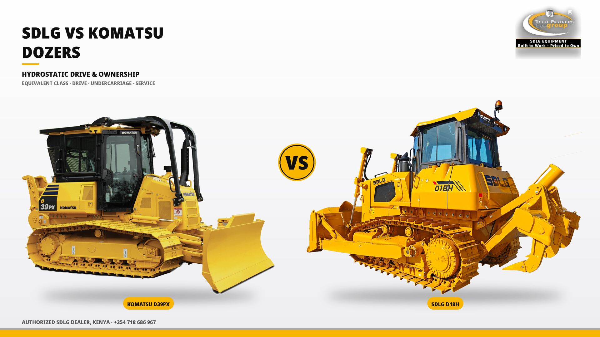 OG cover poster for the SDLG D18H vs Komatsu Dozers hydrostatic drive and ownership comparison guide, with Trust Partners Geo-Group Ltd branding, Authorized SDLG Dealer Kenya