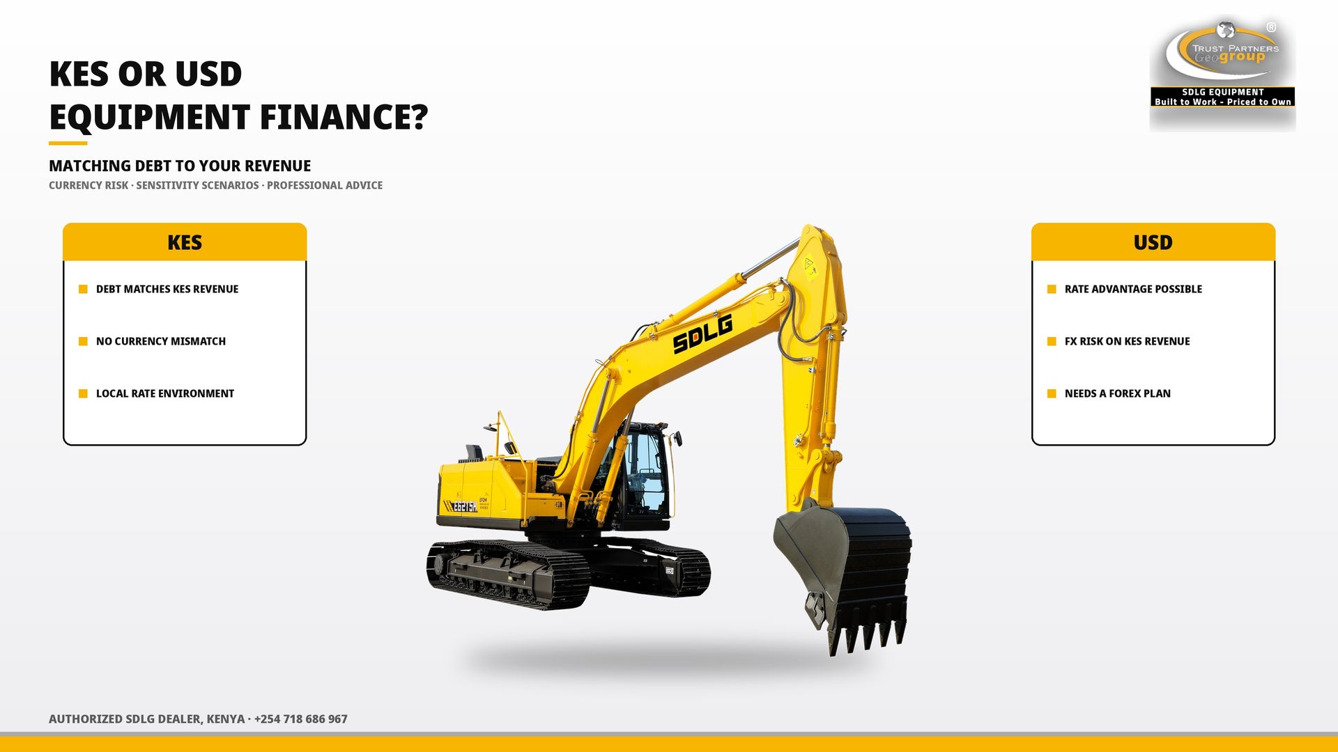 OG cover poster for the KES vs USD Financing for SDLG Equipment guide — matching debt to your revenue — with Trust Partners Geo-Group Ltd branding, Authorized SDLG Dealer Kenya
