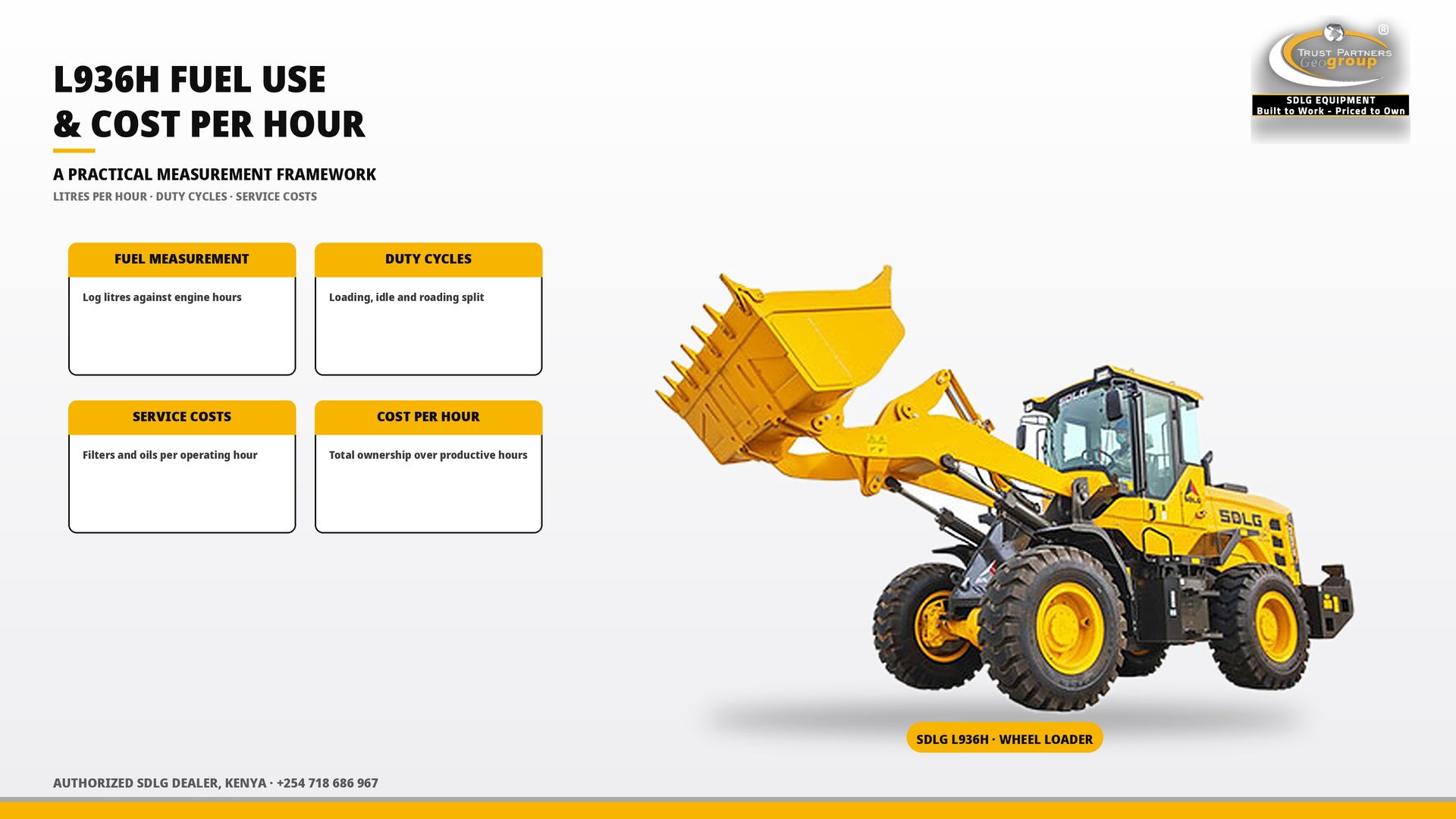 OG cover poster for the SDLG L936H Fuel Use and Service Planning guide, with Trust Partners Geo-Group Ltd branding, Authorized SDLG Dealer Kenya