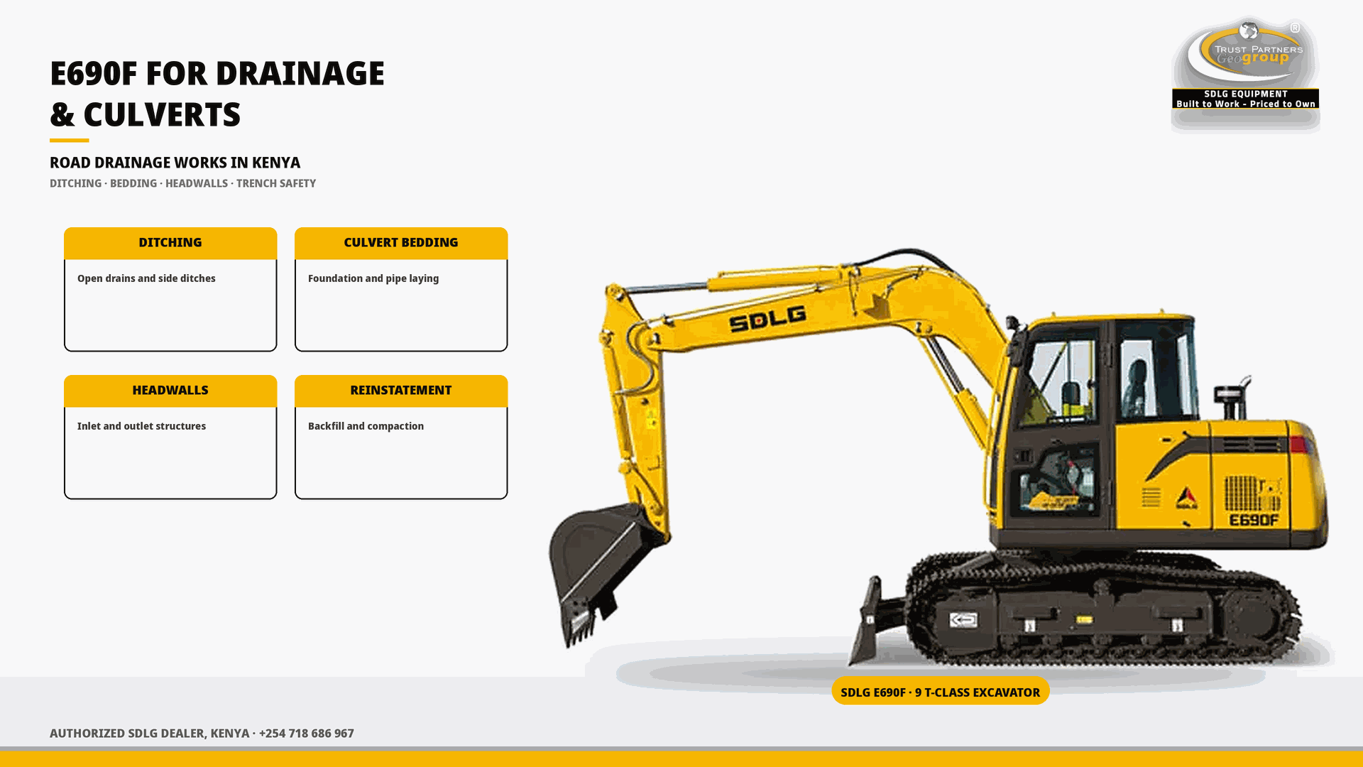 OG cover poster for the SDLG E690F for Road Drainage and Culvert Works guide, with Trust Partners Geo-Group Ltd branding, Authorized SDLG Dealer Kenya