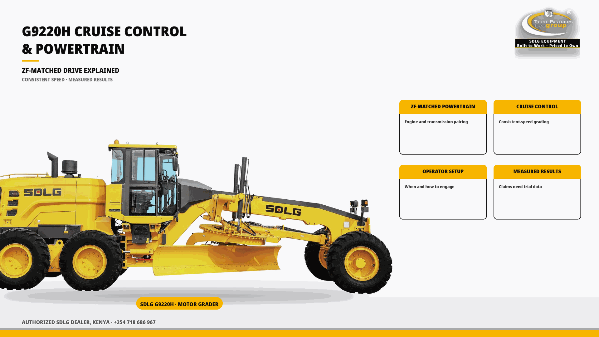 OG cover poster for the SDLG G9220H Cruise Control and ZF-Matched Powertrain Explained guide, with Trust Partners Geo-Group Ltd branding, Authorized SDLG Dealer Kenya